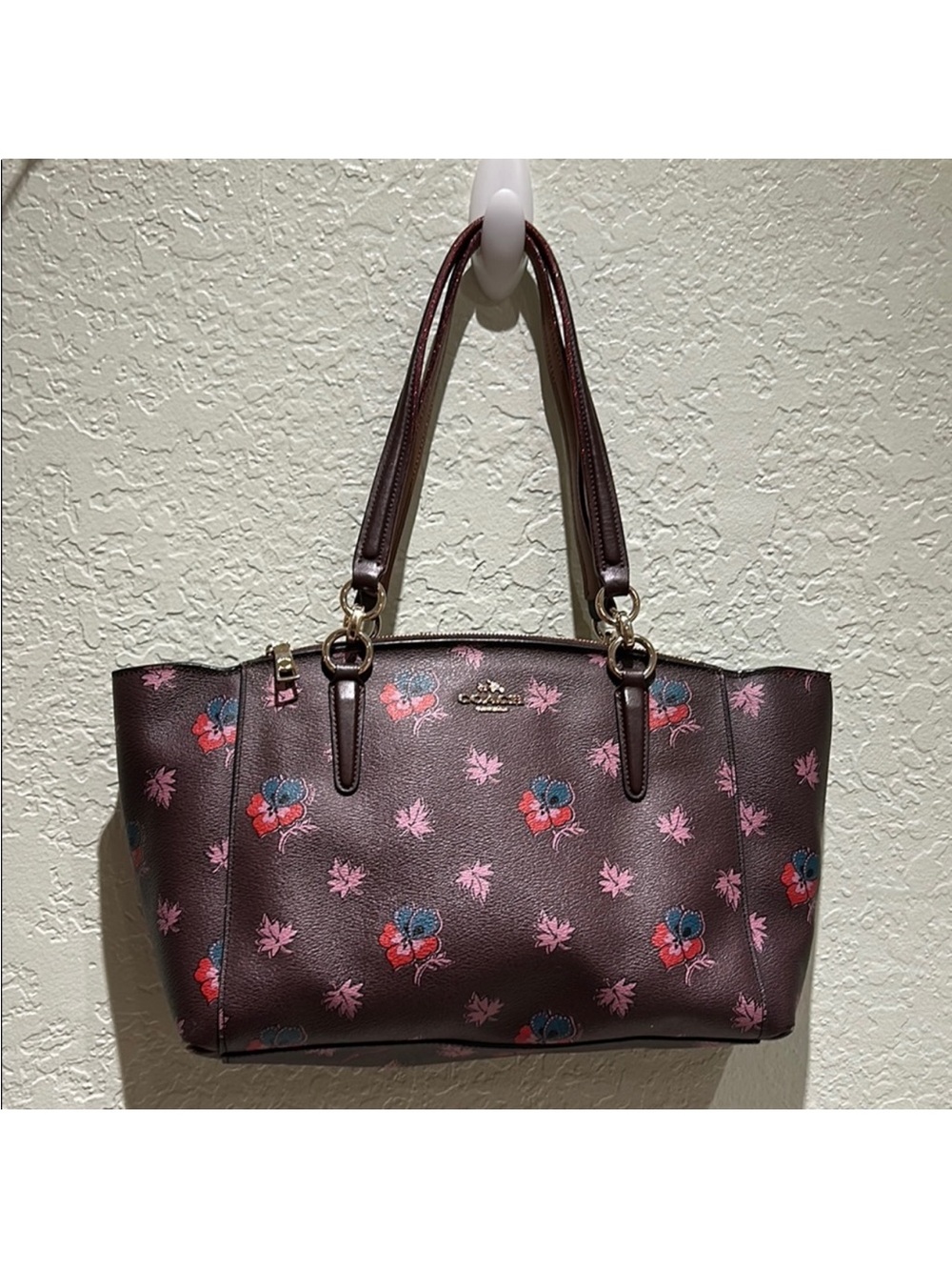Coach Christie Floral Leather Shoulder Tote with Pink & Red Flowers